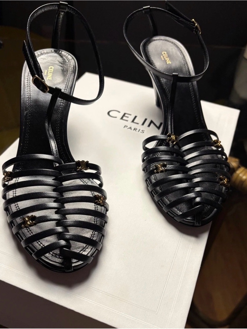 Celine Black Strappy T‑Bar Heeled Sandal with Gold Accents AUTHENTIC